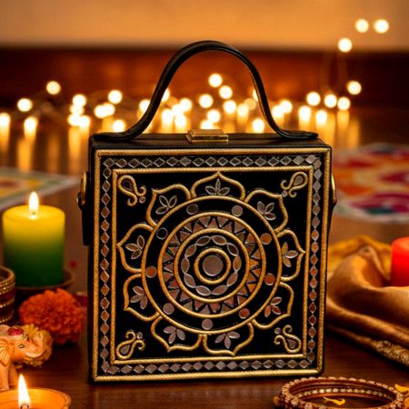 Handmade Vegan Leather Black Lippan Mirror Sling Bag